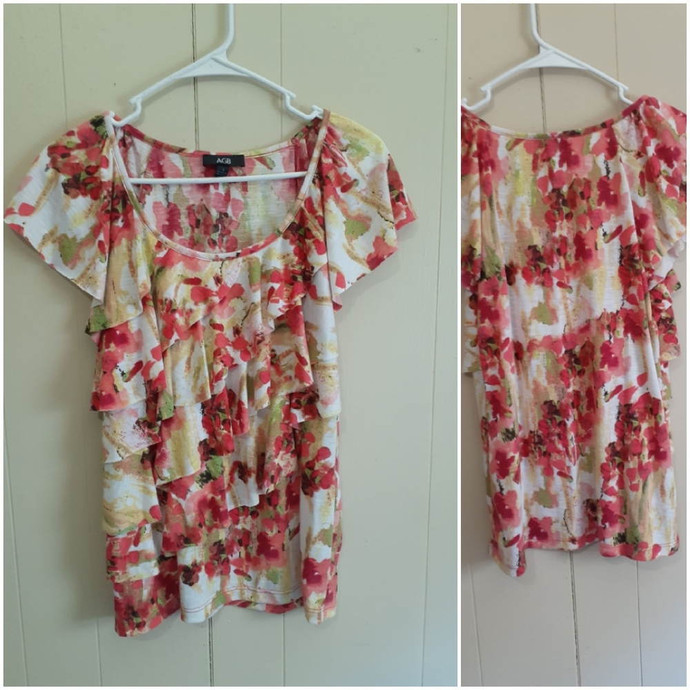 AGB floral top orange yellow ruffle shirt sz small